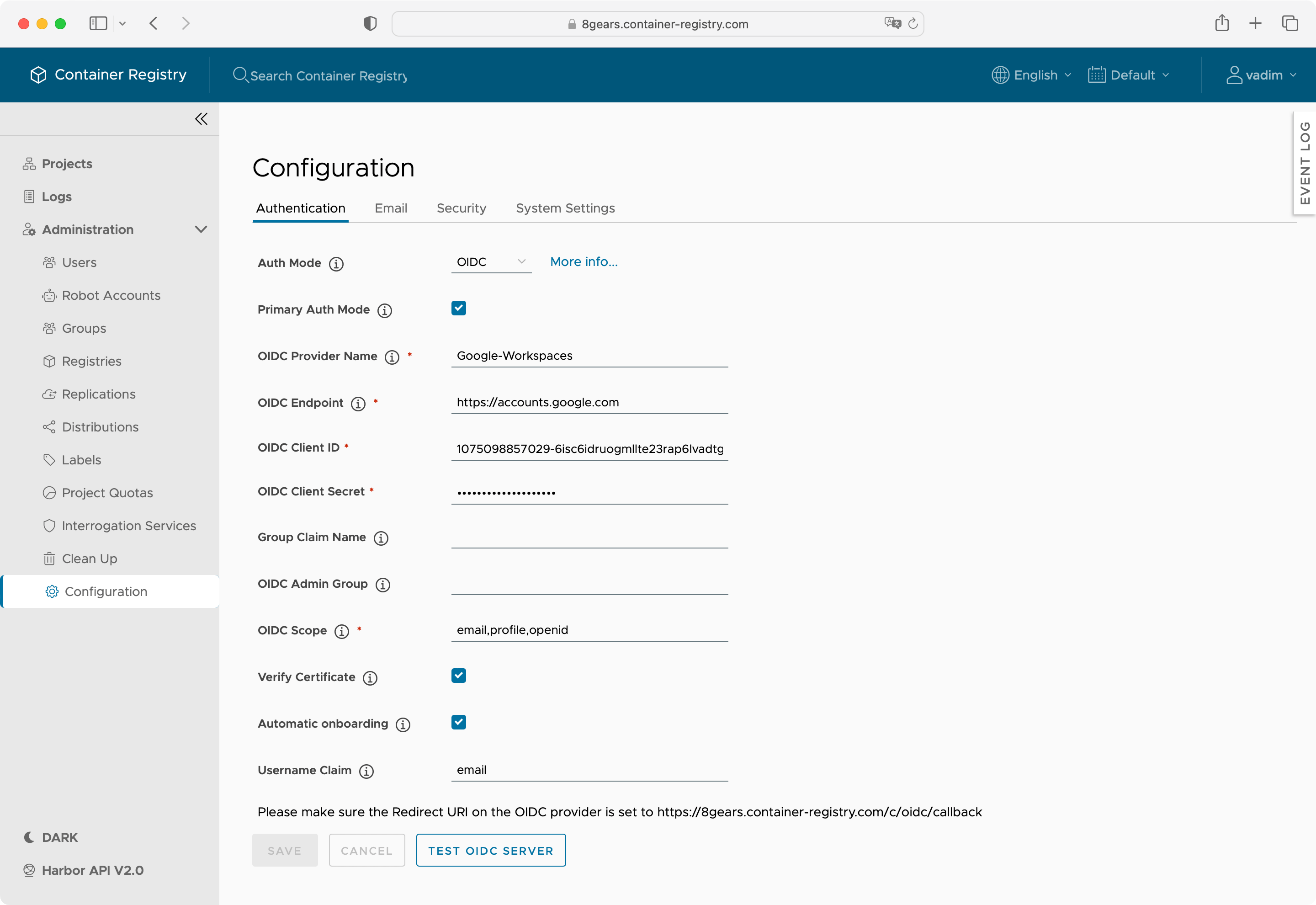Harbor OIDC Configuration