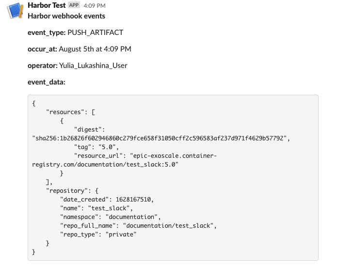 Webhook slack message