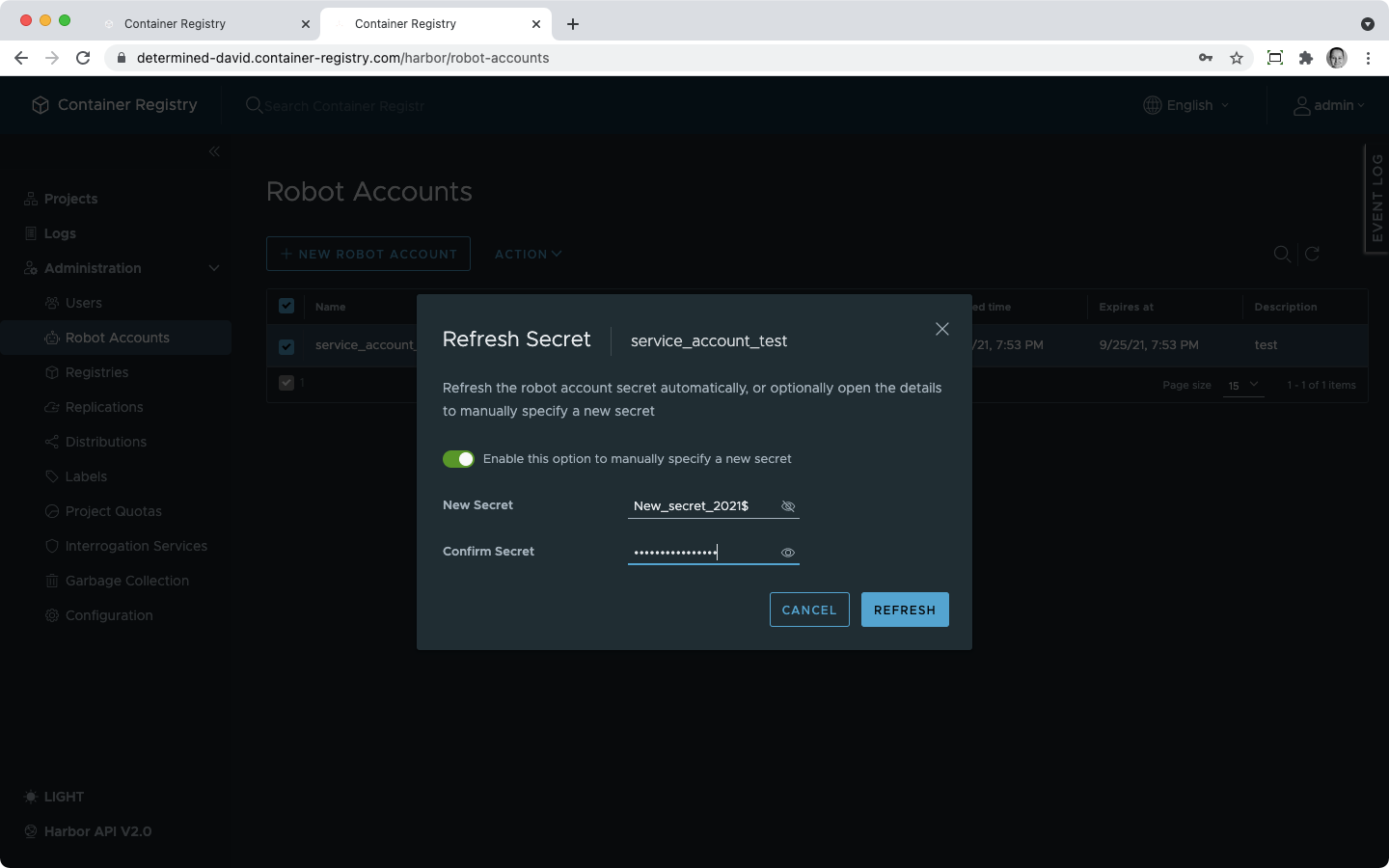 Refresh system robot secret manually