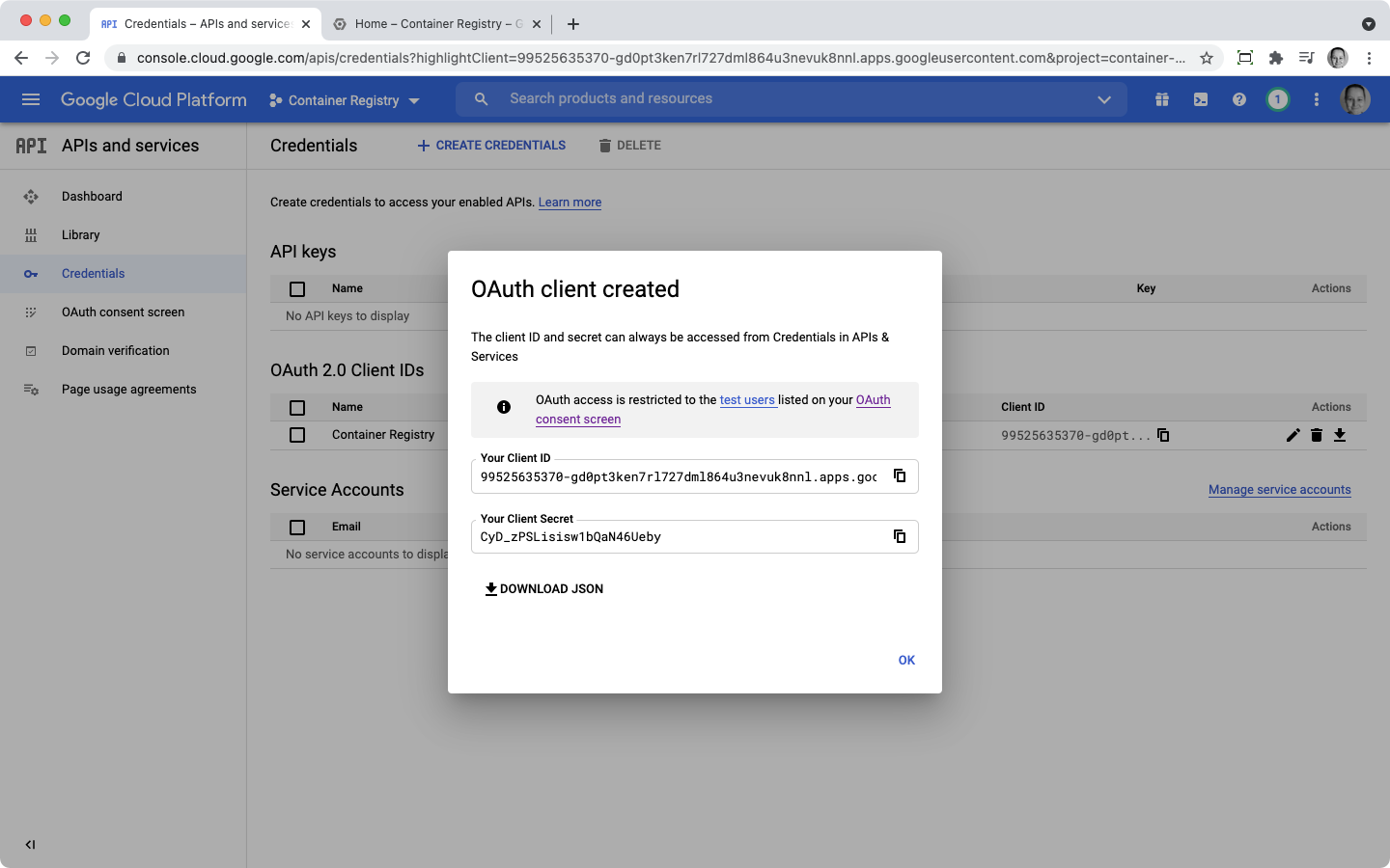 API credentials google