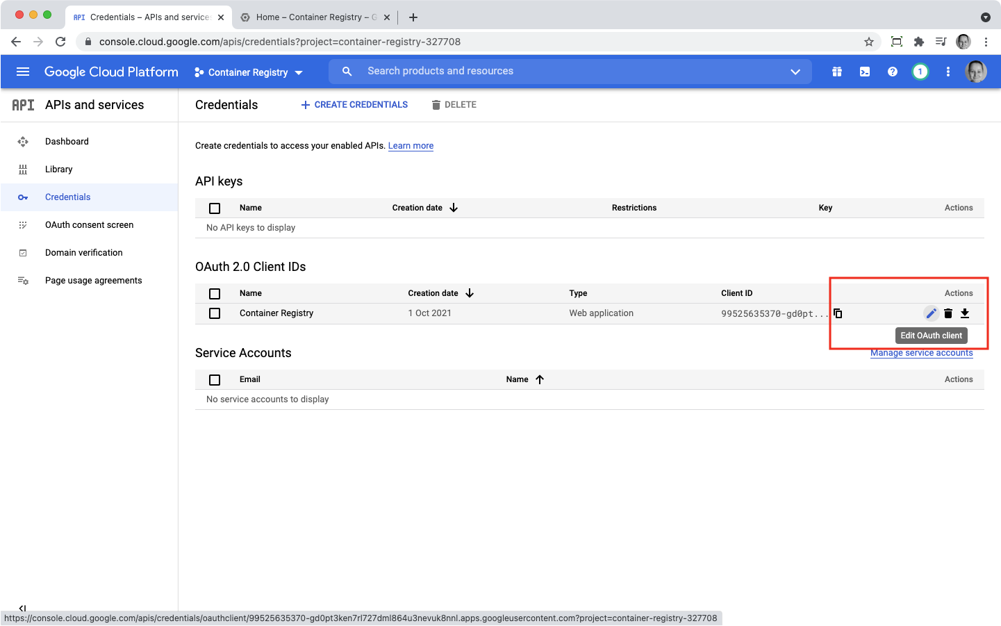 Edit API credentials google