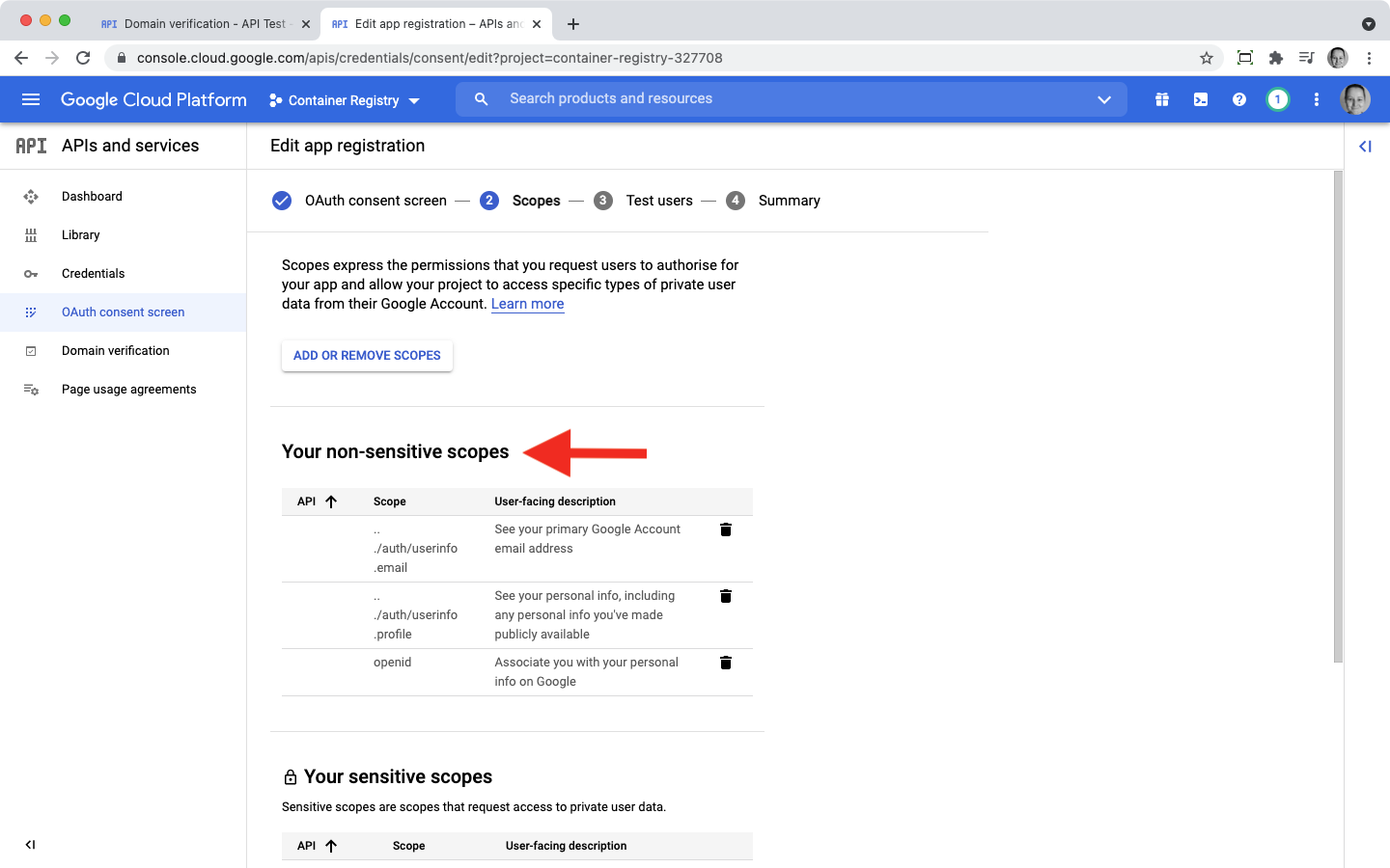 Non sensitive scopes google
