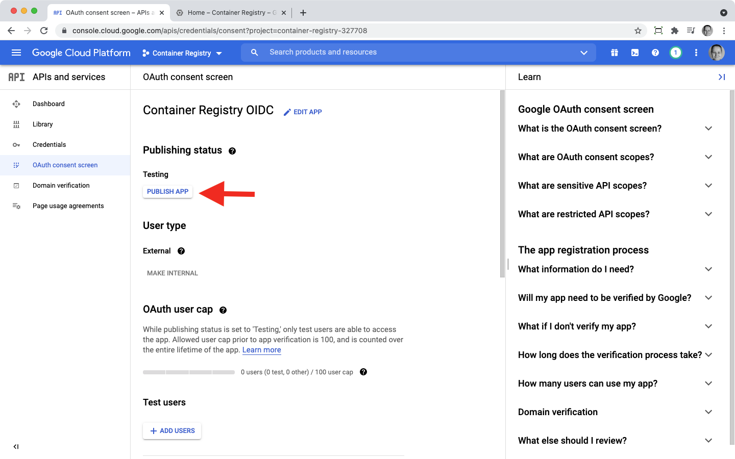 Publish consent screen google