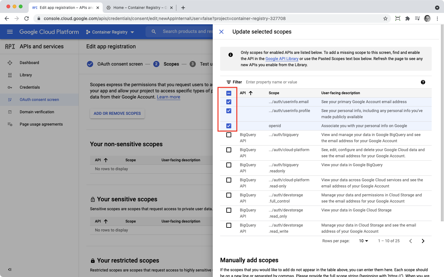 Scopes list google