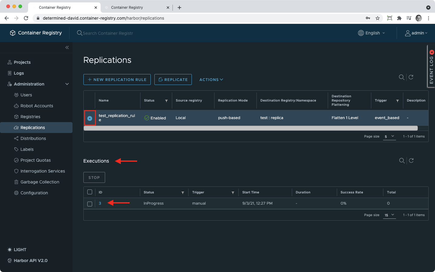 Replication executions list