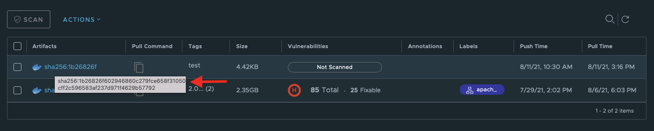 Display artifact hash