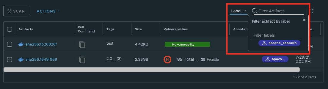 Filter artifacts by label