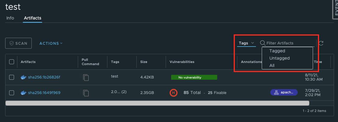 Filter artifacts by tag