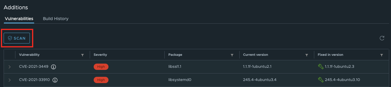 Vulnerabilities scan button