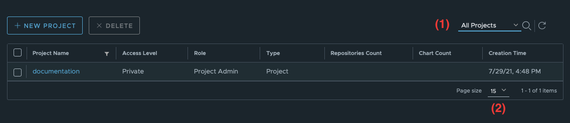 search, filter, set page size