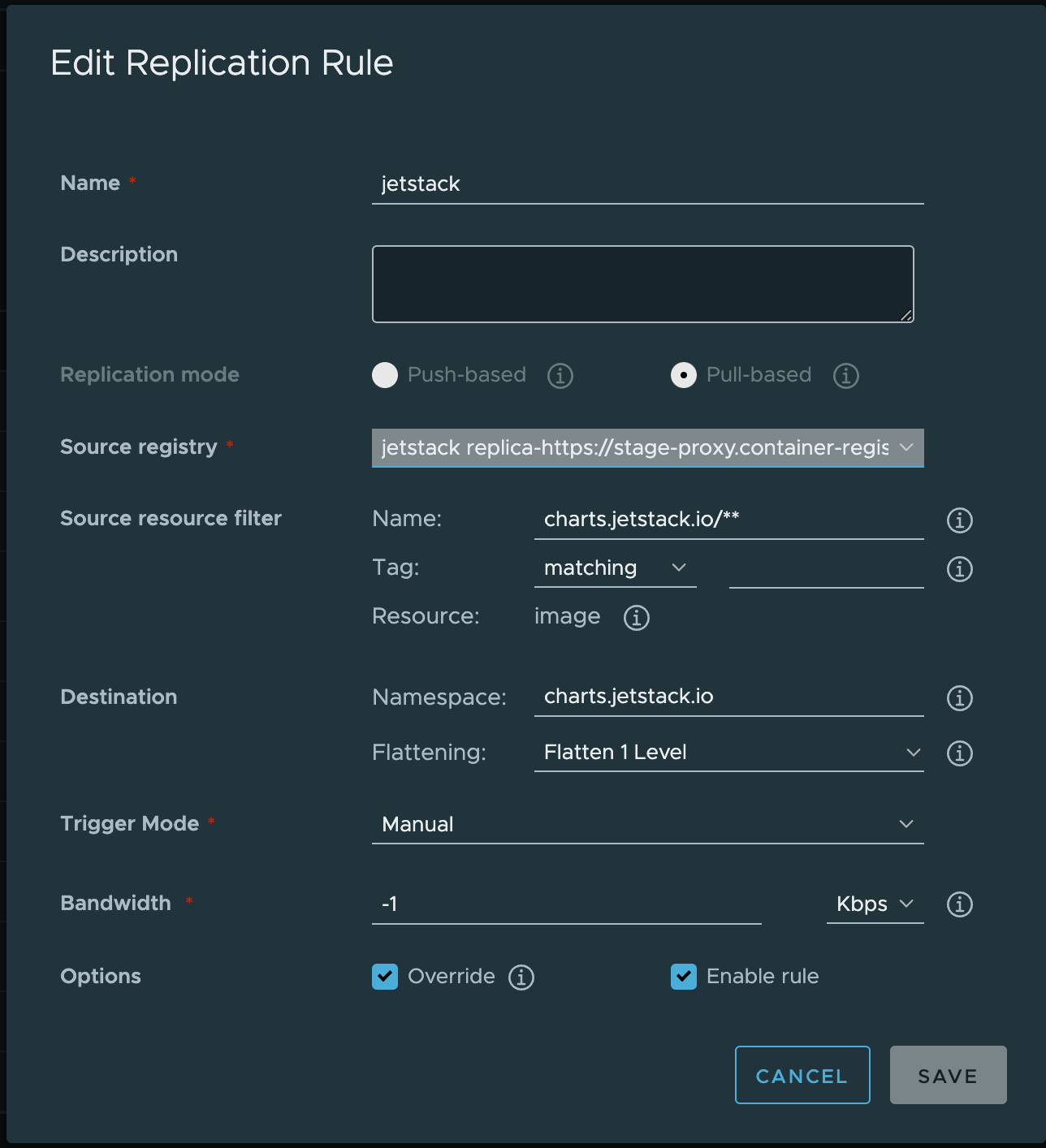 Harbor replication rule for the Helm Chart OCI Proxy endpoint
