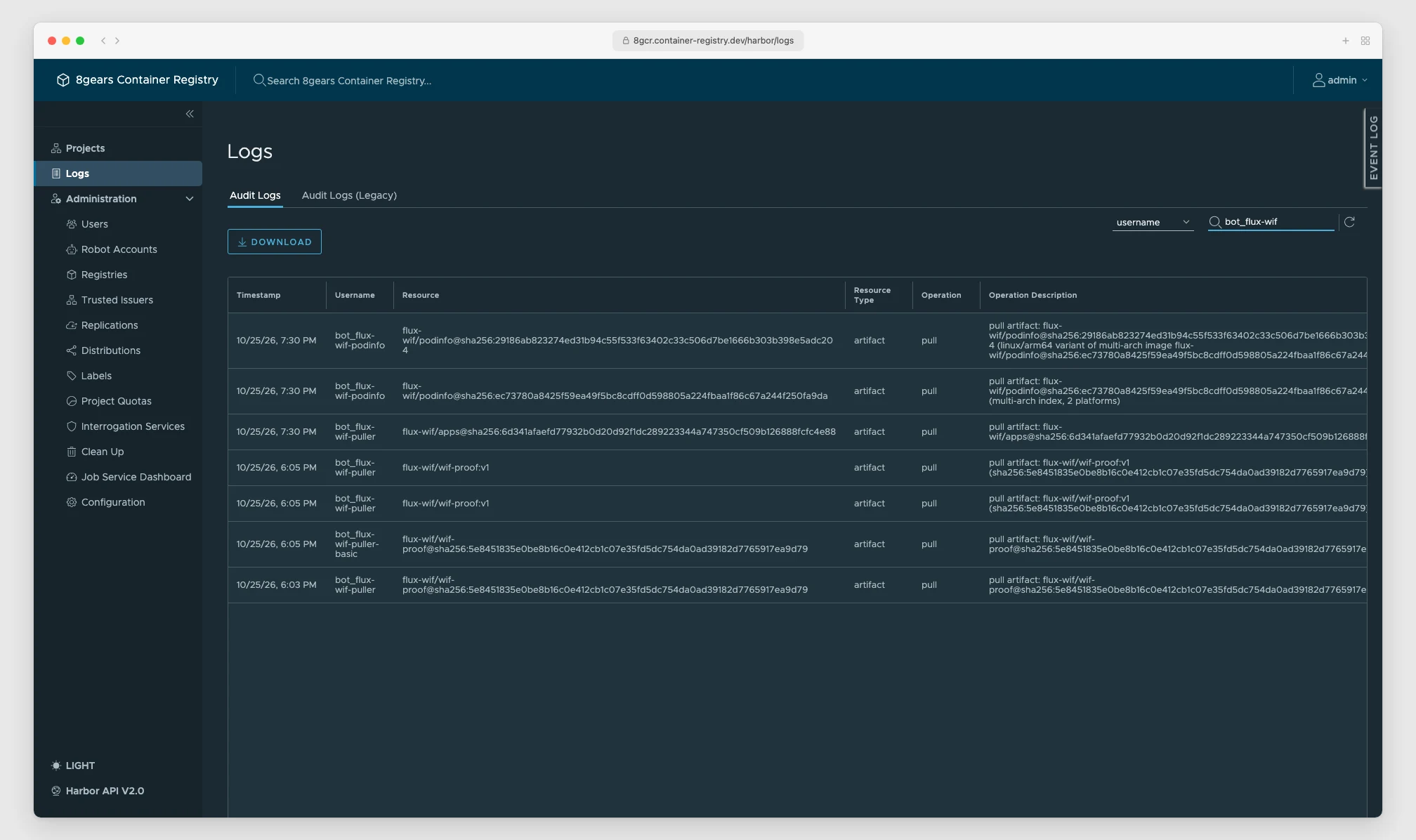 8gcr audit log filtered to the federated robots: bot_flux-wif-puller pulled the apps manifests (1), bot_flux-wif-podinfo pulled the podinfo image (2), with the containerd user agent of the kubelet (3)