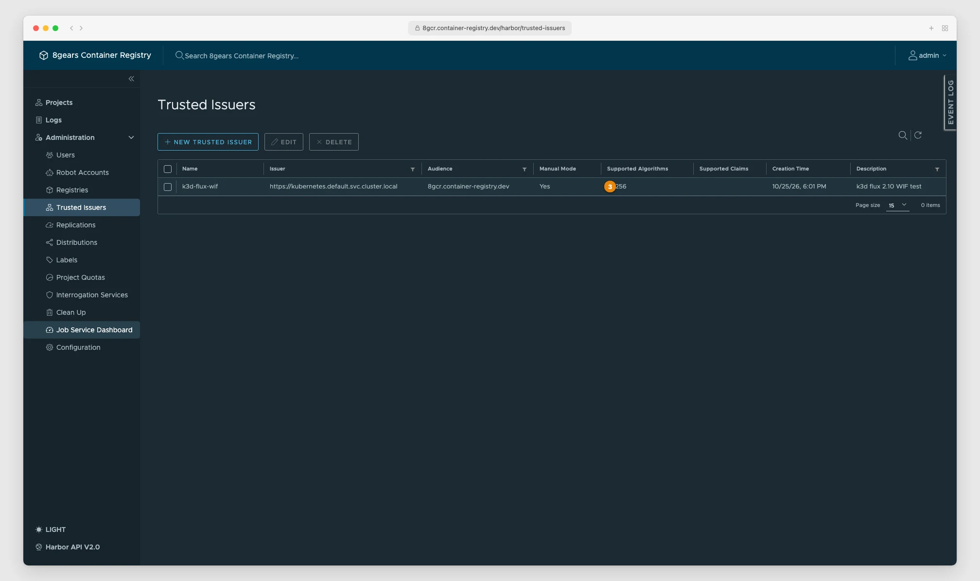 8gcr Trusted Issuers page from our test run: the k3d cluster issuer https://kubernetes.default.svc.cluster.local (1), audience 8gcr.container-registry.dev, the registry host (2), and offline validation with pasted JWKS (3)